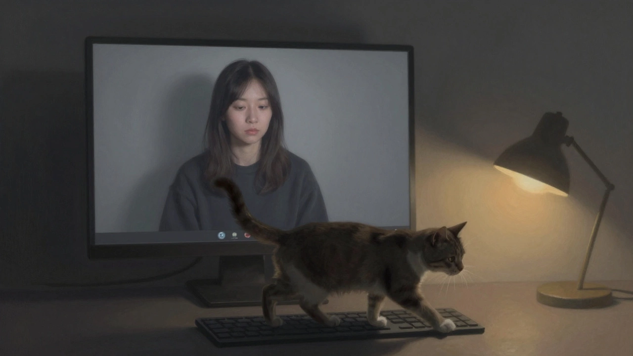 A cat walking across a keyboard while a person sits motionless during a video date.
