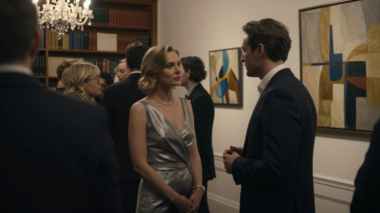 A graceful Russian woman in a silver gown conversing quietly at an art gallery opening in Mayfair.