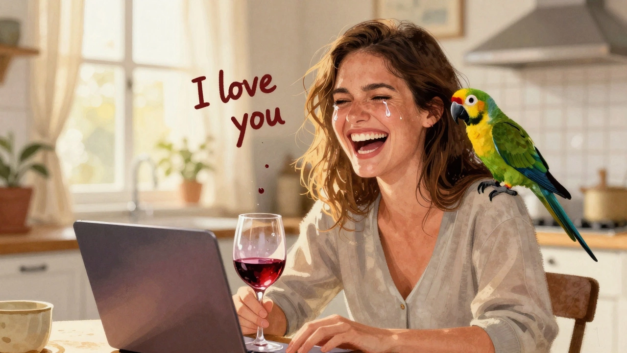A woman laughing with tears, a parrot on her shoulder saying &#039;I love you&#039; as wine spills nearby.