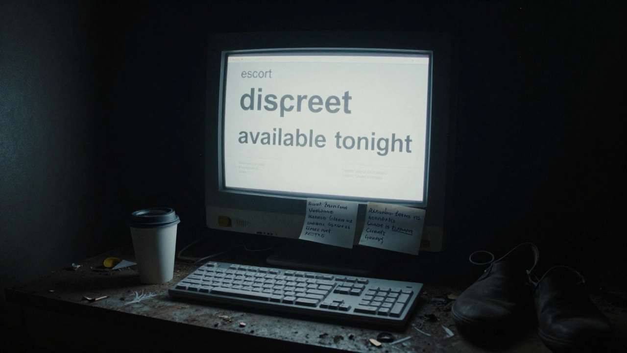 An abandoned computer shows an escort ad, surrounded by handwritten notes about survival.