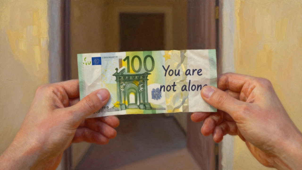 Two hands: one holding money, the other placing a note of hope beside it.